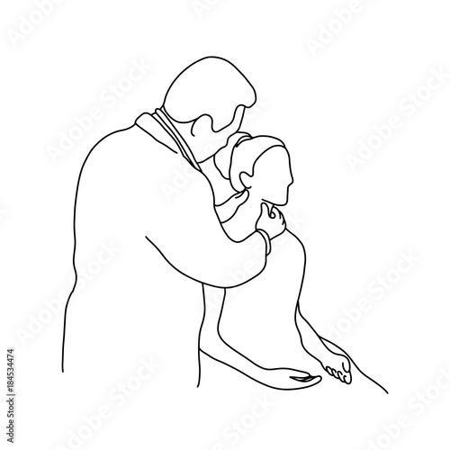 male doctor check up a neck of female patient vector illustration outline sketch hand drawn with black lines isolated on white background. Comprehensive physical examination. 