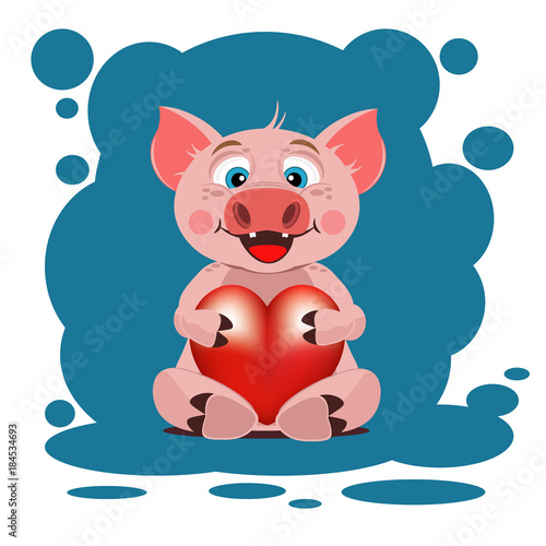 Cute pig with heart. Valentine's day.