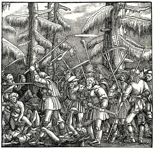 Obraz na plátně Fighting peasants at German Peasants' War - woodcut by Hans Luetzelburger, after