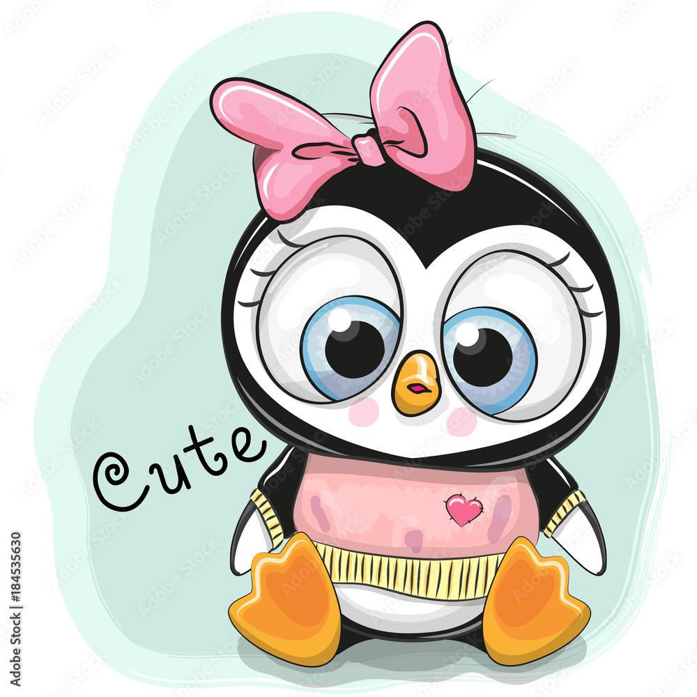 Naklejka premium Cute Cartoon Penguin on a blue background