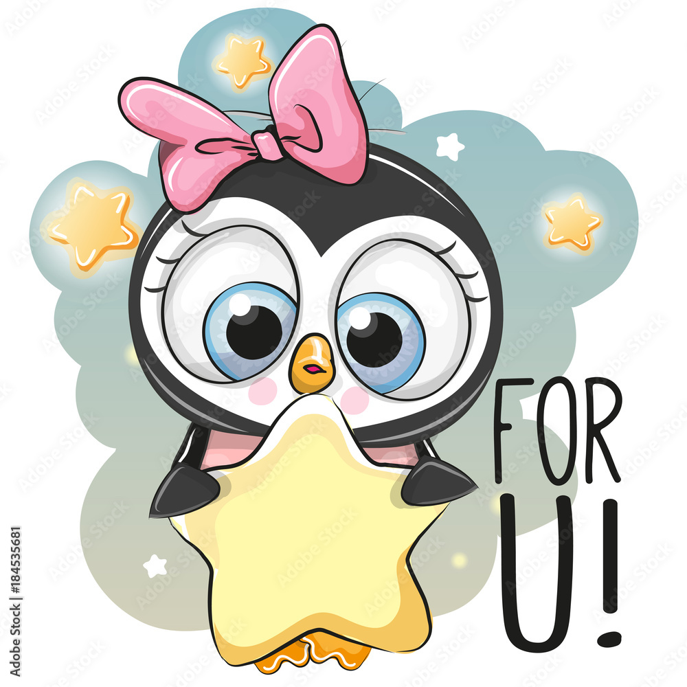 Fototapeta premium Cute Cartoon Penguin girl with star
