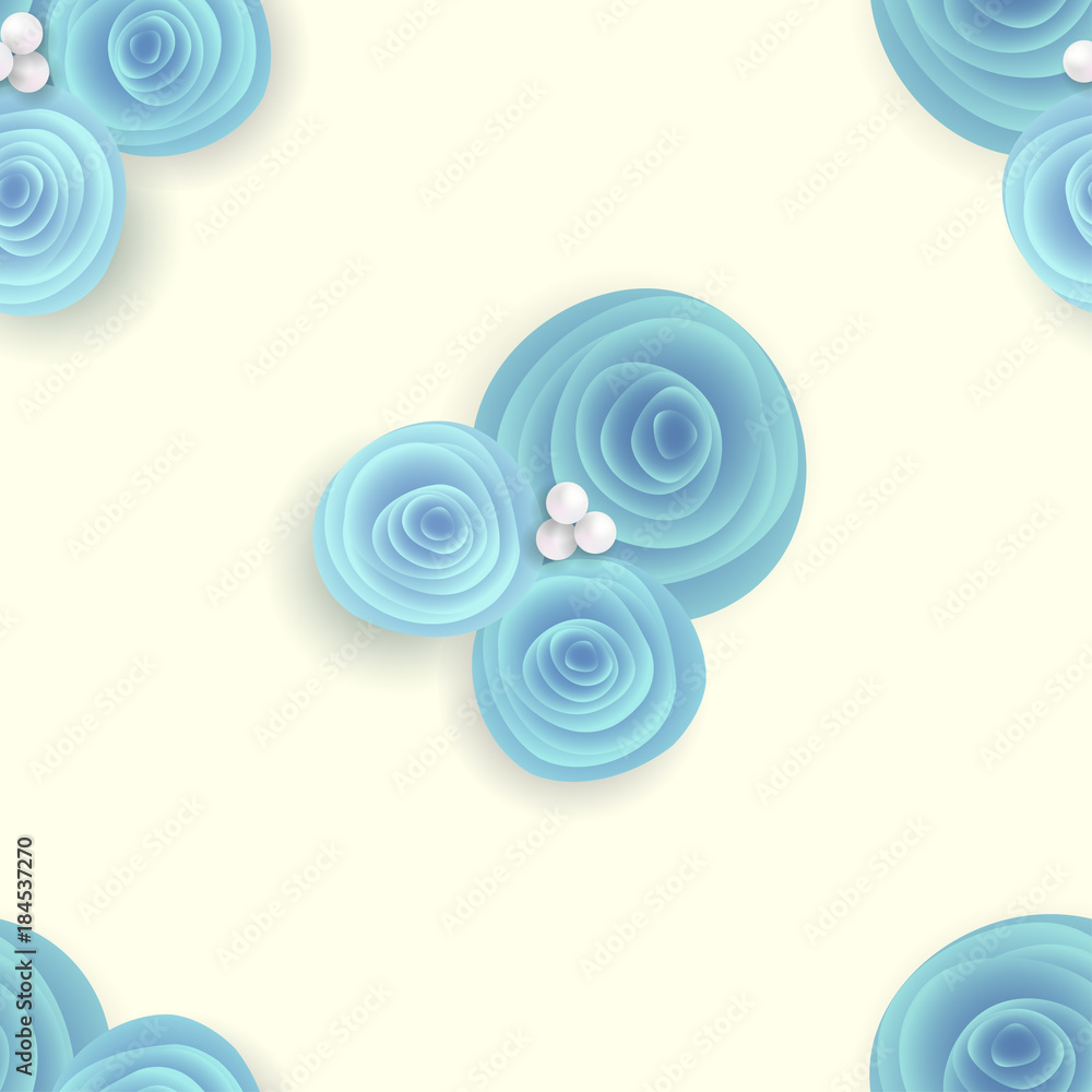 Seamless pattern with blue flowers roses and pearls Seamless pattern with blue flowers roses and pearls