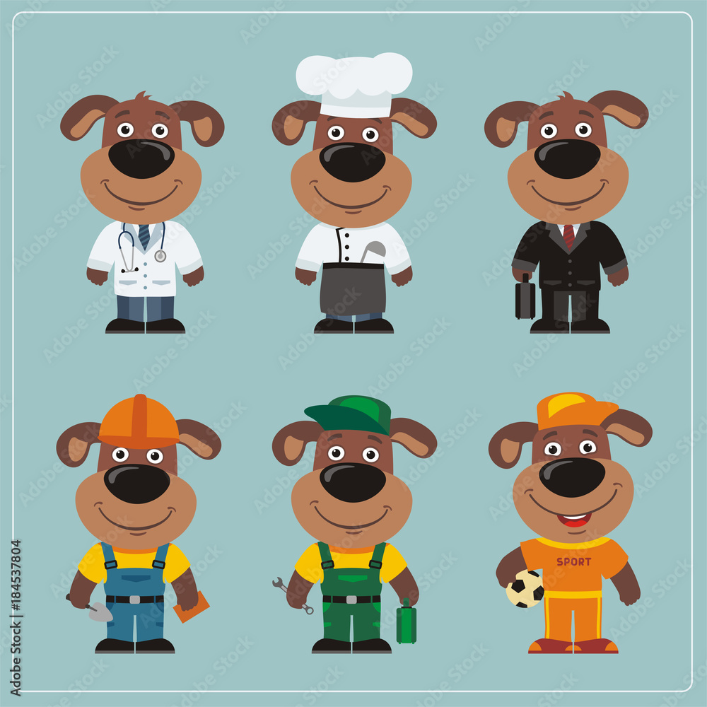 Obraz premium Set of dog in different costumes: builder, sportsman, worker, a doctor, manager, cook. Collection of dog in clothes in cartoon style.