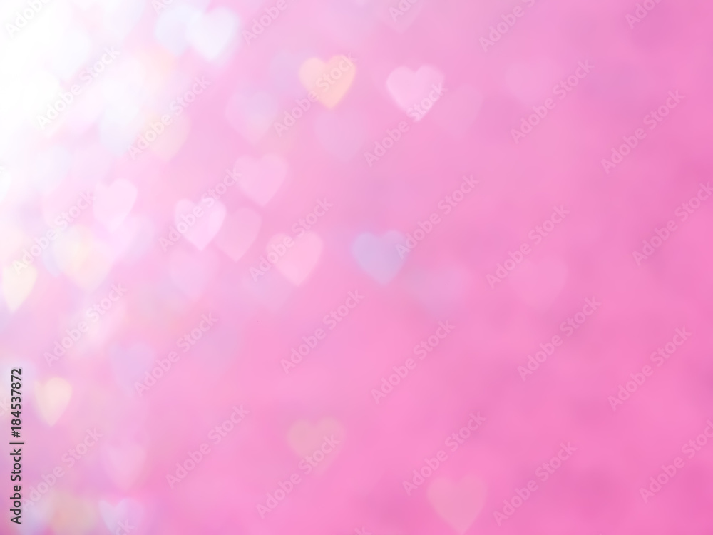 Pink and white heart bokeh light abstract background texture. Christmas and Valentine's pattern bokah, colorful wallpaper.