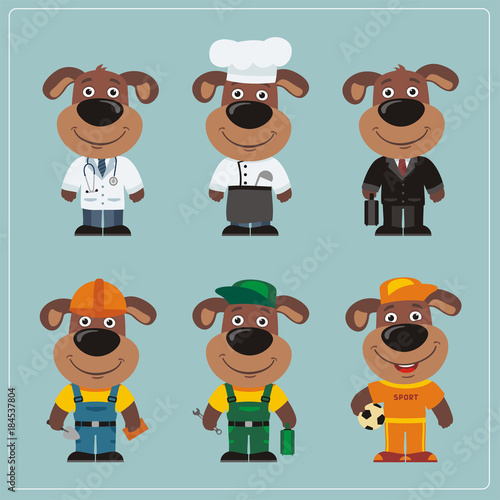 Set of dog in different costumes: builder, sportsman, worker, a doctor, manager, cook. Collection of dog in clothes in cartoon style.