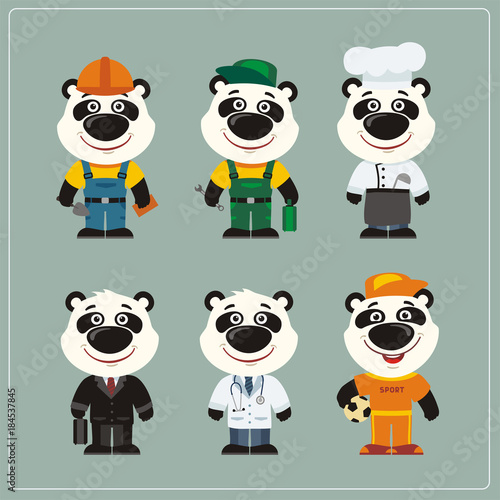 Fototapeta Naklejka Na Ścianę i Meble -  Set of panda bear in different costumes: builder, sportsman, worker, a doctor, manager, cook. Collection of panda in clothes in cartoon style.