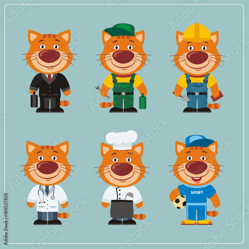 Set of cat in different costumes: builder, sportsman, worker, a doctor, manager, cook. Collection of cat in clothes in cartoon style.