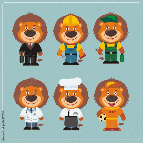 Set of lion in different costumes: builder, sportsman, worker, a doctor, manager, cook. Collection of lion in clothes in cartoon style.