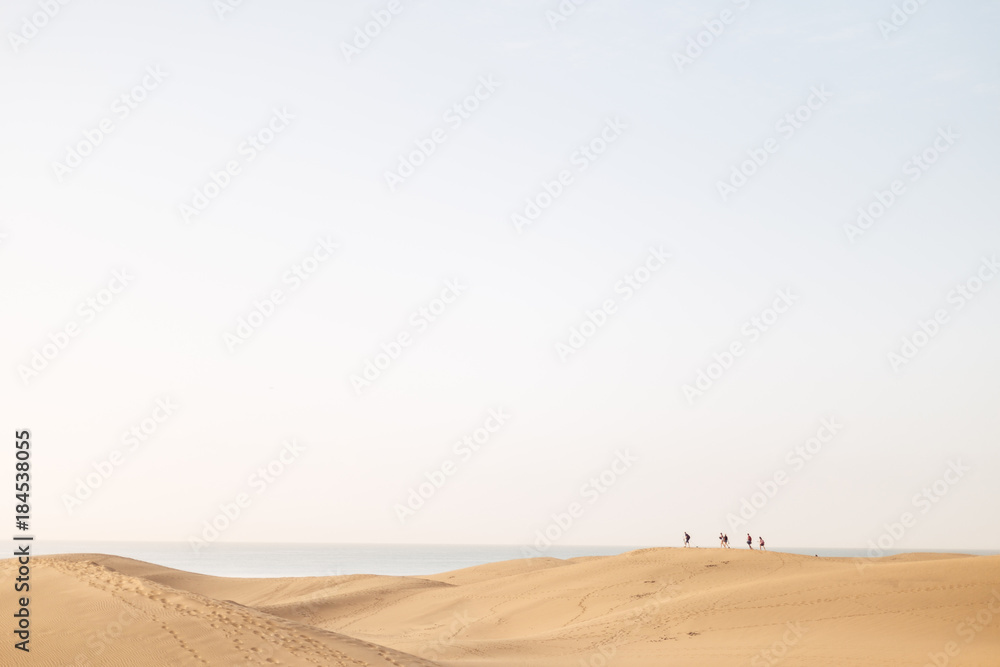 A panoramic view over sand dunes with a group of people walking in the sand A panoramic view over sand dunes with a group of people walking in the sand