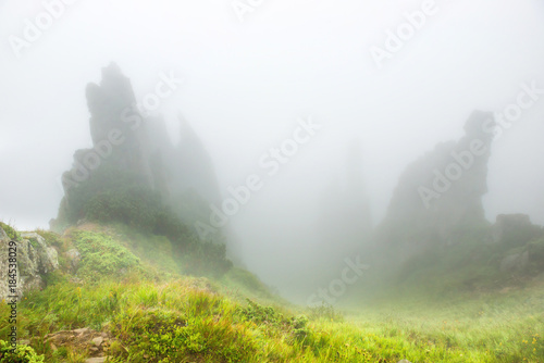 Mist in the mountains with peaks of rocks and wet grass