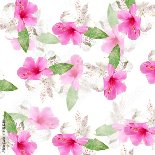 Fototapeta Naklejka Na Ścianę i Meble -  Beautiful floral background of white alstroemerias and pink hibiscus 