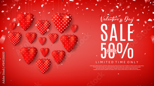 Red Sale Web Banner with Fabric Hearts. Beautiful Background with Realistic Symbols of Valentine's Day and Confetti on Red Background. Vector Illustration with Seasonal Offer.