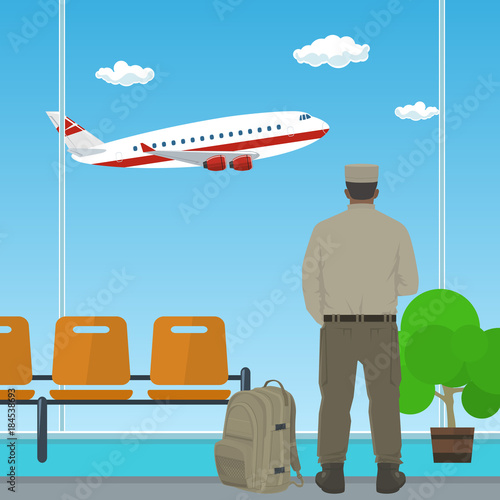 Man in Uniform is Looking out the Window on a Flying Airplane, Waiting Room at the Airport, Travel and Tourism Concept, Passenger Transportation , Vector Illustration