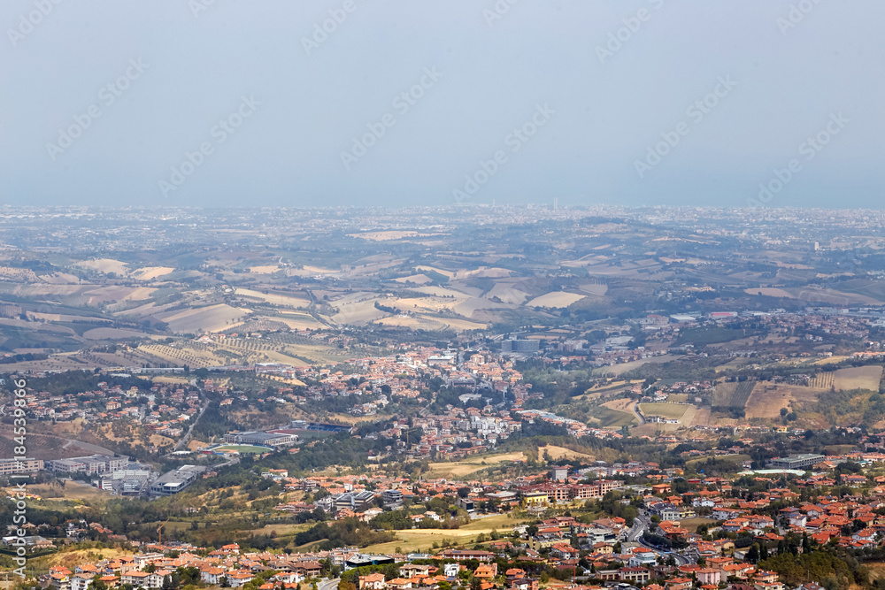 San Marino, San Marino - 10 August 2017: Panoramic view of the local surroundings. San Marino, San Marino - 10 August 2017: Panoramic view of the local surroundings.