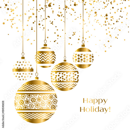 Christmas bauble decoration in gold color. Vector illustration with new year balls for xmas card, invitation, surface design. Luxury style ornament elements.