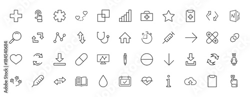 Set of medicine vector line icons. It contains the first aid kit, nurse, syringe, thermometer, plastic, pills, heart, drop of blood, palpitation and much more. Editable move. 32x32 pixels.