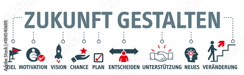 Banner Zukunft gestalten - Piktogramme mit Schlüsselwörtern