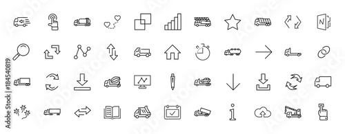 Truck Set of Transport Vector Line Icons. Contains such Icons as Truck, Transportation, Tow Truck, Cranes, Mixer, Garbage Truck, Manipulators, Delivery service and more. Editable Stroke. 32x32 Pixel