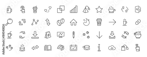 Set of Coffee and Tea Vector Line Icons. Contains such Icons as Cup of Tea,  Teabags, Coffee beans and Green Tea Leaves, a pitcher of Water, Sugar Cubes and more. Editable Stroke. 32x32 Pixel Perfect