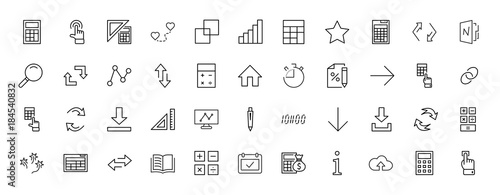 Set of Calculation Vector Line Icons. Contains such Icons as Calculator Icon, Pencil, Click, Money Bag, Percent symbol, Square and Ruler. Editable Stroke. 32x32 Pixel Perfect.