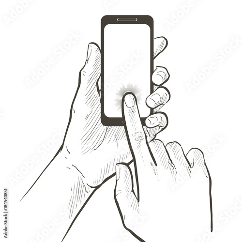 two hands holding and touching smart phone