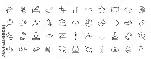 Sleep Vector Line Icons Set. Contains such Icons as Alarm Clock, Bed, Insomnia, Pillow, Sleeping Pills, Bell, Glasses for sleep, Bubble and more. Editable Stroke. 32x32 Pixel Perfect