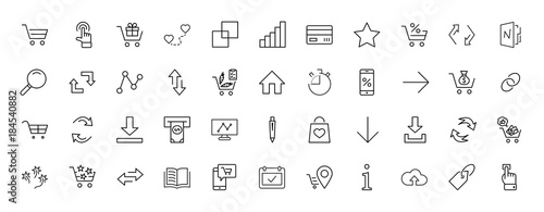 Shopping Cart Vector Line Icons Set: Money, ATM, List Products, Vegetables, Bank Card, Terminal, Bag, Favorite Shopping, Gifts, Express Checkout, Mobile Shop and more. Editable Stroke. 32x32 Pixel