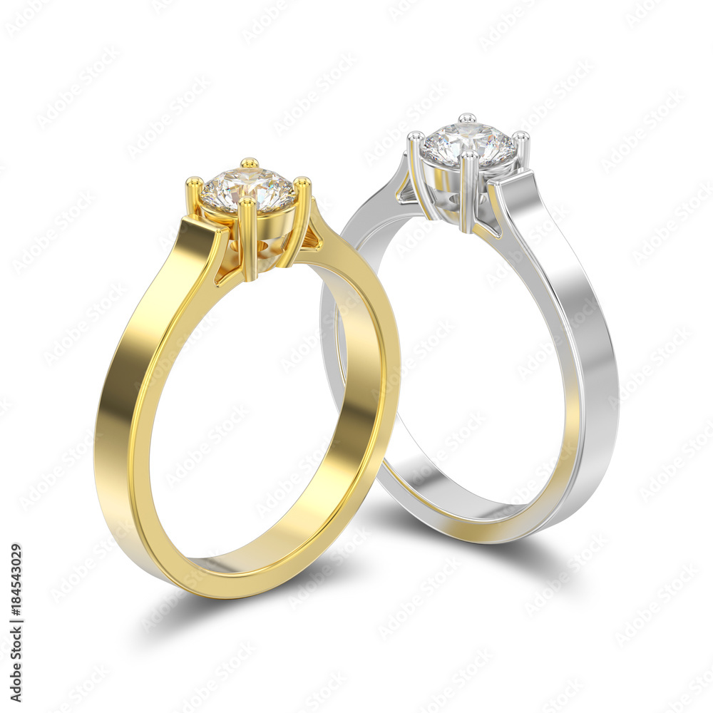 3D illustration isolated two yellow and white gold or silver solitaire engagement diamond rings with shadow 3D illustration isolated two yellow and white gold or silver solitaire engagement diamond rings with shadow
