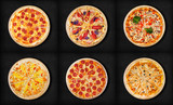Six different pizza set for menu.  Meat pizzas with  1)Pepperoni 2)ham and bacon 3) pizza with seafood 4)pizza four cheese 5) pepperoni cut, 6) BBQ chicken pizza with olives.  