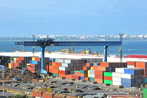 Container, lumber and train in port