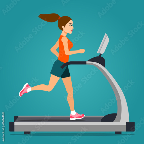 Girl running on treadmill isolated. Vector flat style illustration.