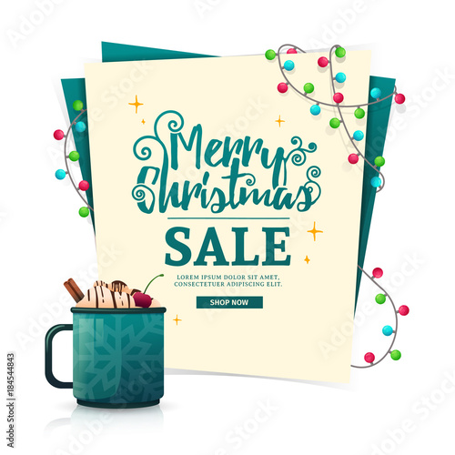 Christmas banner design template for sale. A mock-up with a decor of a colored garland and a hot  sweet Christmas drink in a mug. Vector