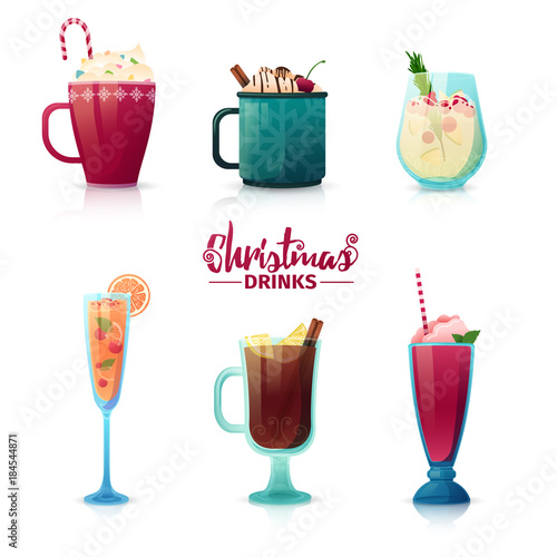 Set of design of Christmas drinks in cartoon style. Mulled wine, hot chocolate, milkshake for the New Year holiday. Design of cocktails for menu decoration. Vector.