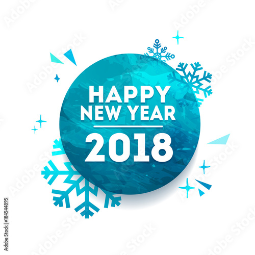 Abstract geometric design for the happy new year 2018. Holiday circle banner with vector geometric figure with the decor of snowflakes  stars and sparkles. Blue  creative concept with polygonal figure