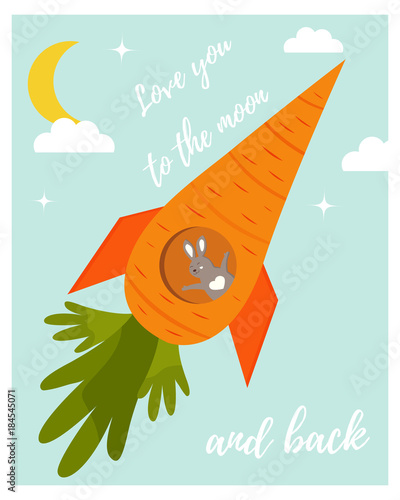 Funny rabbit in love in a carrot rocket.