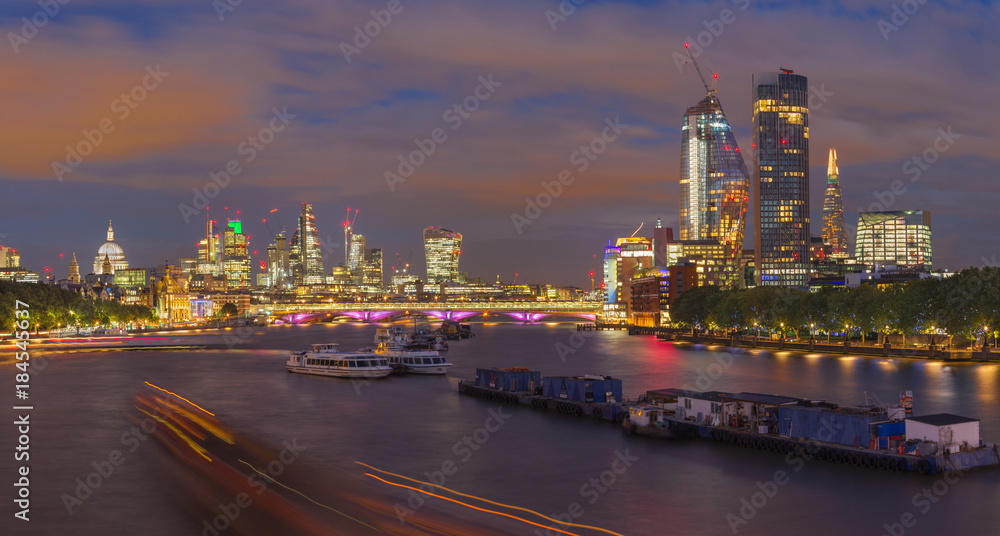 London - The evening panorama of the City with the skyscrapers in the center.