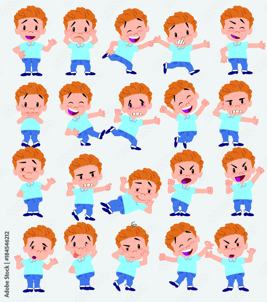 Cartoon character of a blond boy in jeans. Set with different postures, attitudes and poses, doing different activities in isolated vector illustrations.