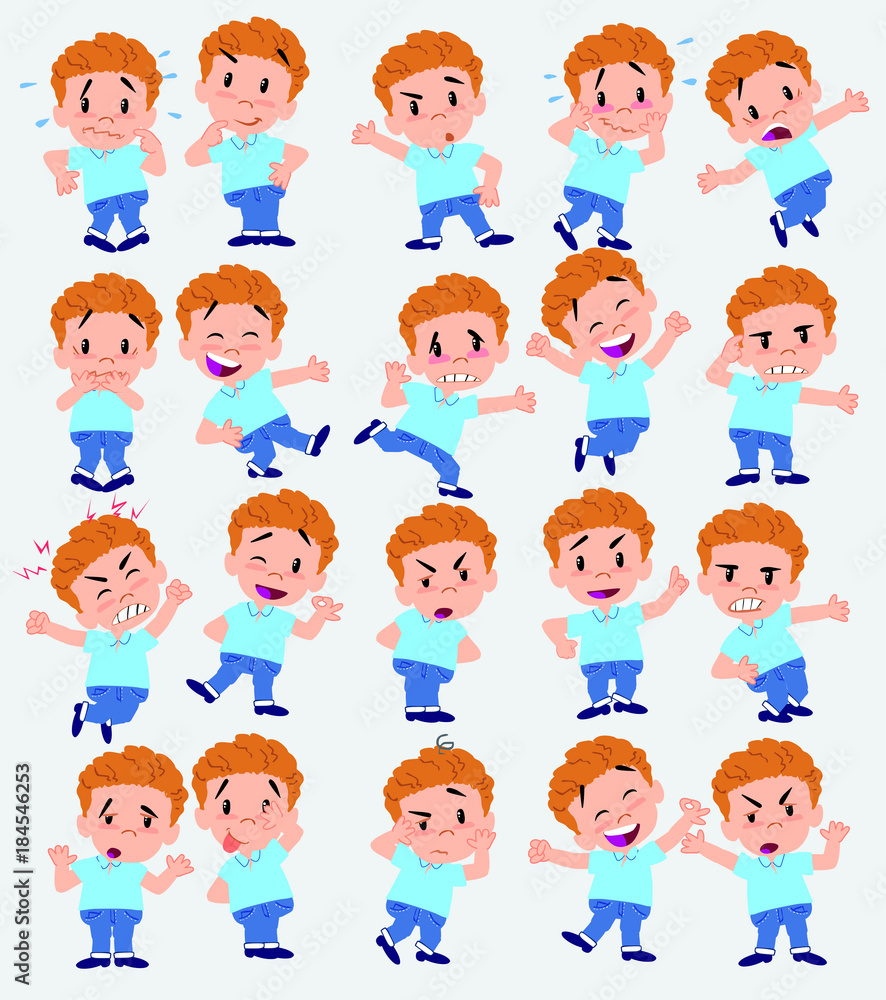 Cartoon character of a blond boy in jeans. Set with different postures, attitudes and poses, doing different activities in isolated vector illustrations. Cartoon character of a blond boy in jeans. Set with different postures, attitudes and poses, doing different activities in isolated vector illustrations.