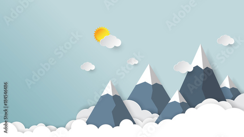 Clouds,mountains and sky background.Paper art style vector illustration.