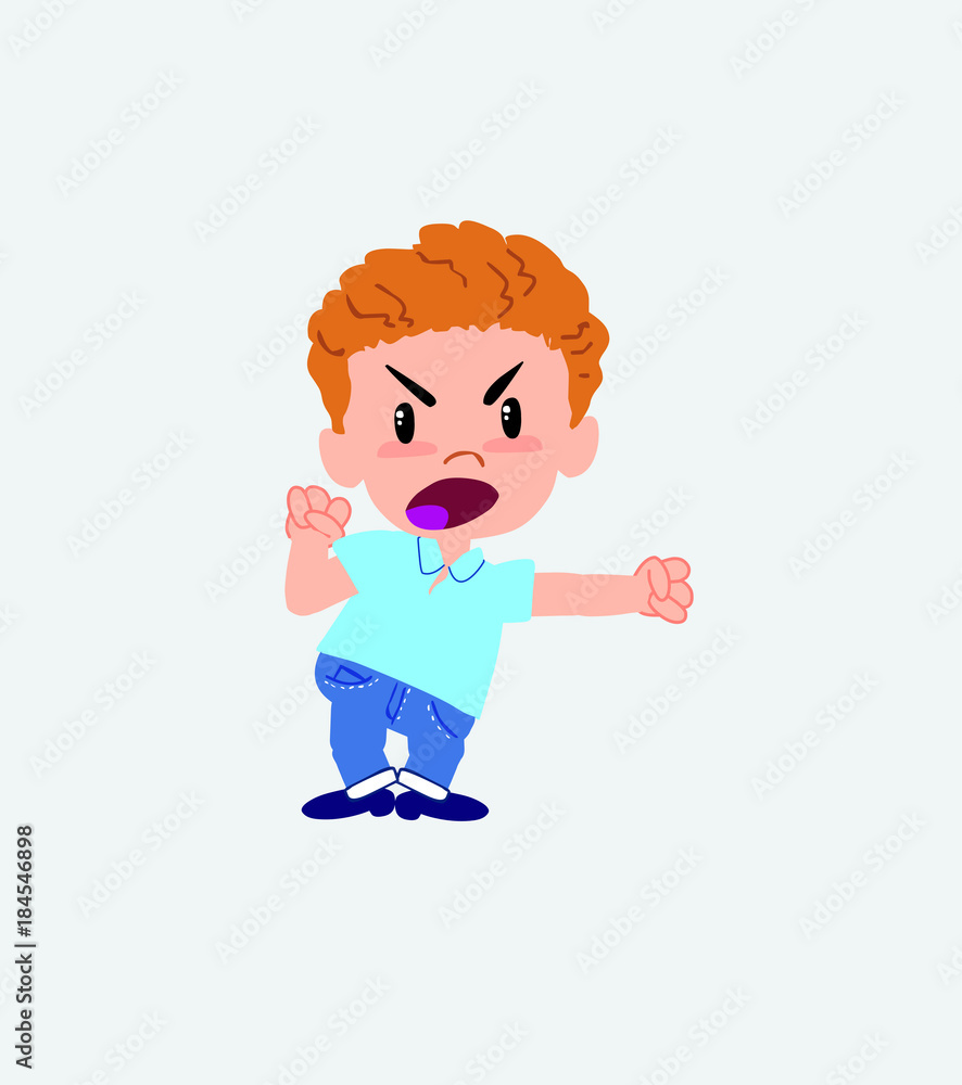 Blond boy in jeans screams very angry. Blond boy in jeans screams very angry.