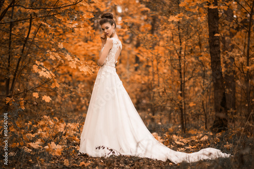 beautiful sensual young brunette bride in long white wedding dress and veil standing in forest
