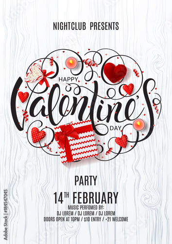Poster for Happy Valentine's Day Party. Top view on gift box, lollipop and case for ring on Wooden Texture. Invitation to nightclub. Vector illustration with candles, confetti and serpentine.
