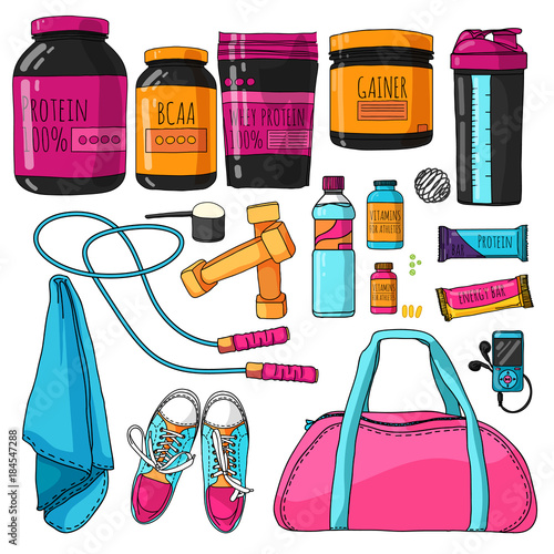 Color set of things for fitness and sports nutrition. A set with a protein, shaker, vitamins and protein bars. Sports bag for the gym. Healthy Nutrition for the athlete and bodybuilder. Vector.