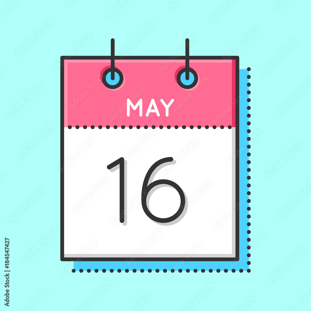 May Calendar Icon. Flat and thin line vector illustration. Spring calendar sheet on light blue background. May 16th. May Calendar Icon. Flat and thin line vector illustration. Spring calendar sheet on light blue background. May 16th.