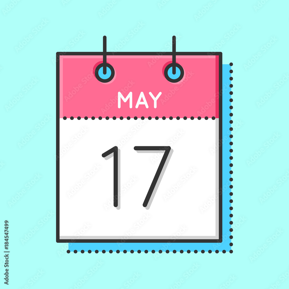 May Calendar Icon. Flat and thin line vector illustration. Spring calendar sheet on light blue background. May 17th. International Day Against Homophobia, Transphobia and Biphobia May Calendar Icon. Flat and thin line vector illustration. Spring calendar sheet on light blue background. May 17th. International Day Against Homophobia, Transphobia and Biphobia
