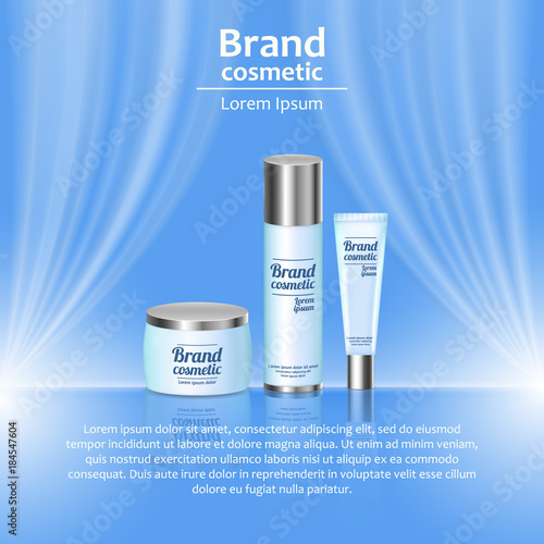 3D realistic cosmetic bottle ads template. Cosmetic brand advertising concept design with wavy light abstract background