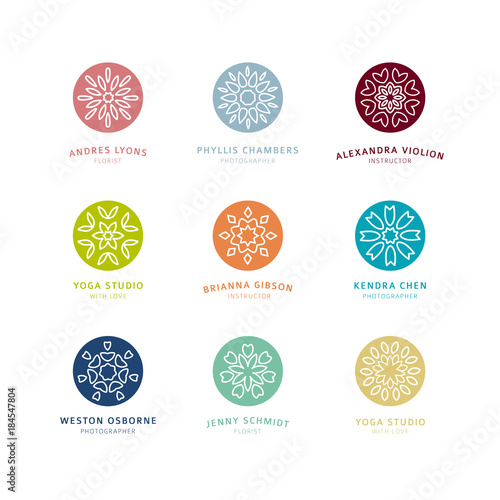 Set vector design template round logo with loop and swirl element nature style. Abstract sign for identity, organic  or yoga shop. Circle symbol with flower style for boutiqu or monogram concept. 
