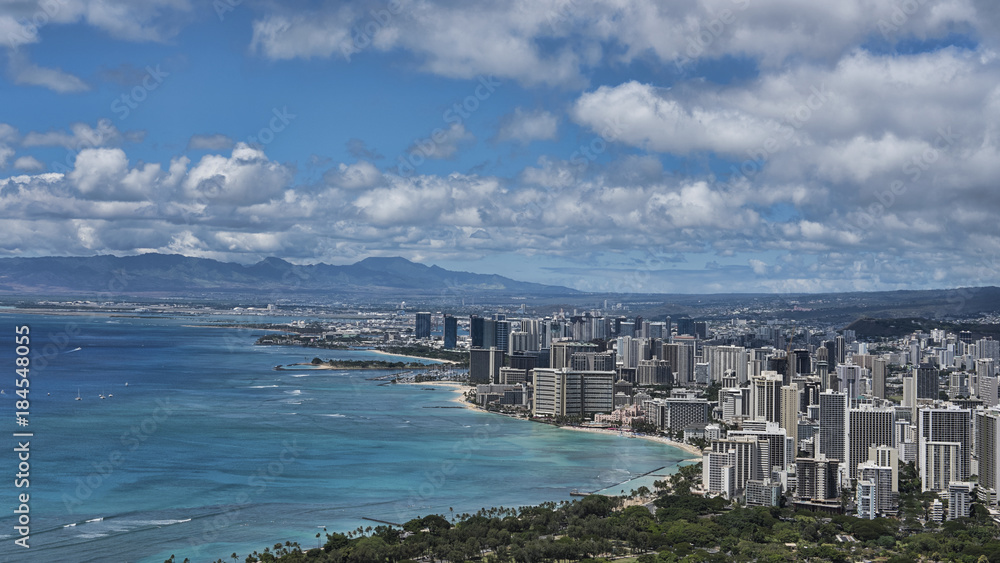 Stunning views from the volcanic cone, Diamond Head, towards Waikiki beach, Honolulu, Oahu Island, Hawaii, USA