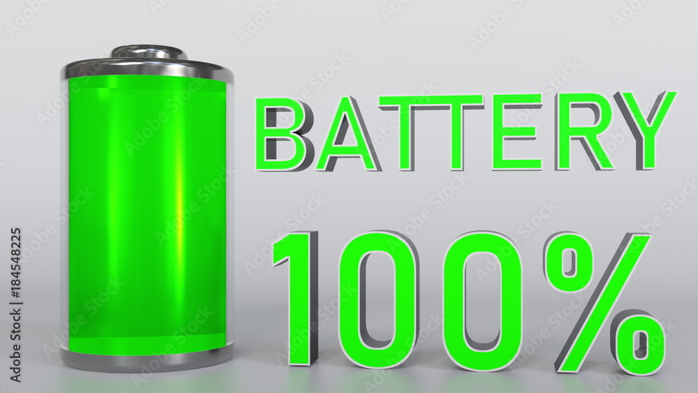 Fully charged battery indicator, 3D rendering Fully charged battery indicator, 3D rendering