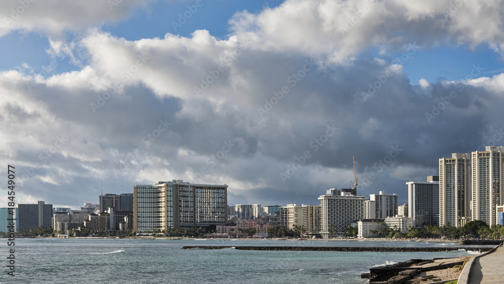 Honolulu, Oahu Island, Hawaii: stunning views of Waikiki beachfront lined with hotels and holiday accommodation, exquisite restaurants and shops